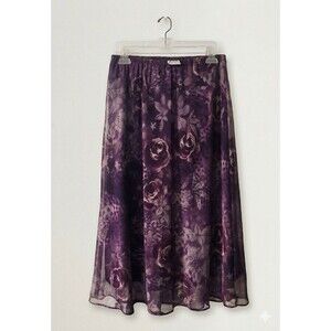Vintage R&M Richards Petite Dark Mauve Floral Sheer Overlay Midi Skirt Elastic W